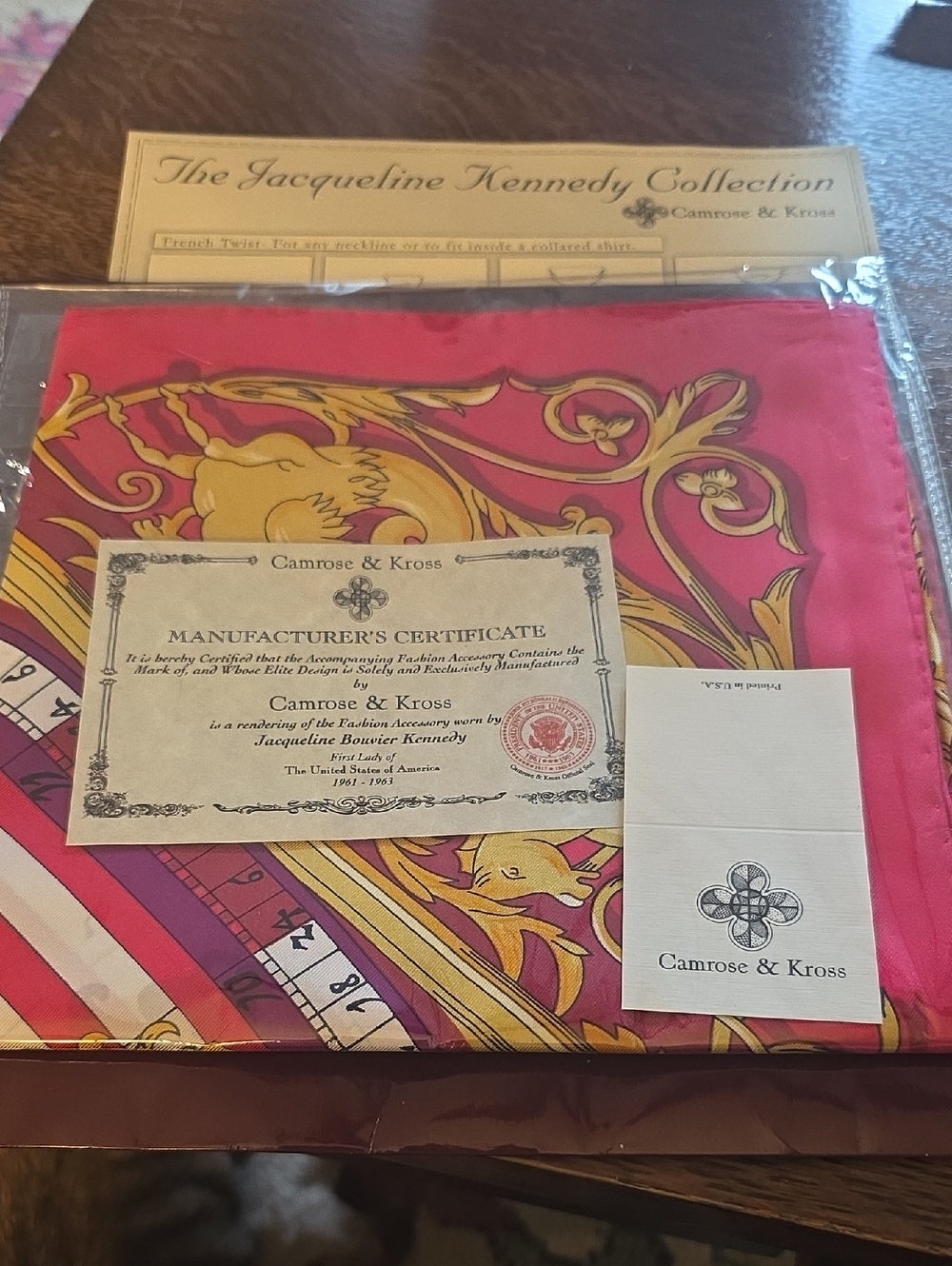 Camrose & Kross Jacqueline Kennedy Collection Pink and Gold Silk Scarf